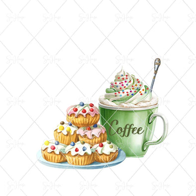 WM STOCK PHOTO Food Watercolour Mug of Iced Coffee With Sprinkles & Stacked Cup Cakes on Plate Square Size