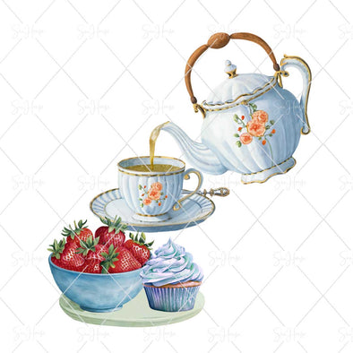 WM STOCK PHOTO Food Watercolour Pouring Cup of Tea From Floral Tea Pot With Bowl of Strawberries & A Cup Cake Square Size
