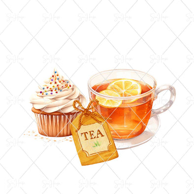 WM STOCK PHOTO Food Watercolour Cup of Lemon Tea With Cup Cake Sprinkles & Tea Sign Square Size