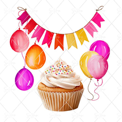 WM STOCK PHOTO Food Watercolour Cup Cake With Sprinkles & Celebration Banner & Balloons Square Size