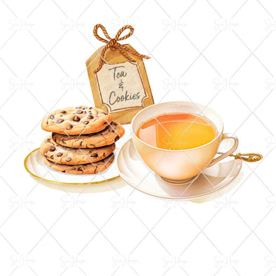 WM STOCK PHOTO Food Watercolour Cup of Tea With Cookies Square Size