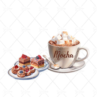 WM STOCK PHOTO Food Watercolour Cup of Mocha With Marshmallows Two Plates of Cakes Square Size