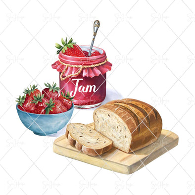 WM STOCK PHOTO Food Watercolour Bowl of Strawberries, Jar of Strawberry Jam & Cut Slice & Loaf of Bread Square Size