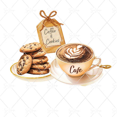 WM STOCK PHOTO Food Watercolour Cup of Coffee With Cookies Square Size