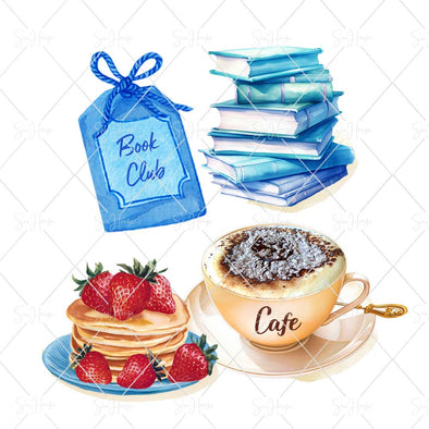STOCK PHOTO Food Watercolour Stack of Books For Book Club & Cup of Coffee With Pancakes & Strawberries Square Size