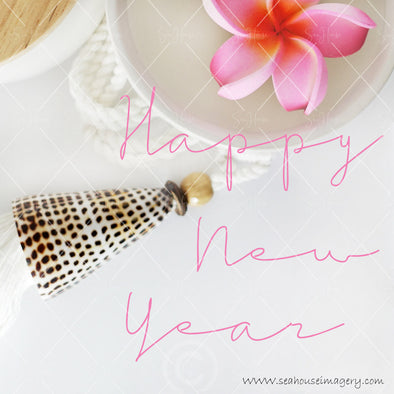 WM Happy New Year Pink Frangipani Shell Pink Text 9341 Square Size