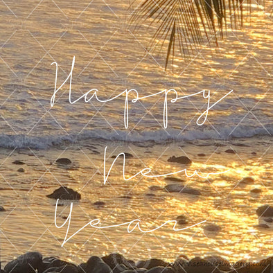 WM Happy New Year Sunset Rocky Shore Palm White Text 7880 Square Size