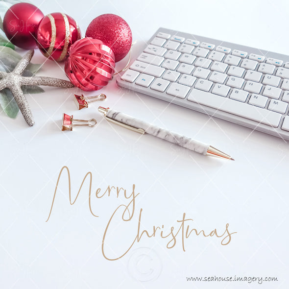 WM Merry Christmas Gold Text Red Gold Baubles Greenery Marble Pen Keyboard 1709 Square Size