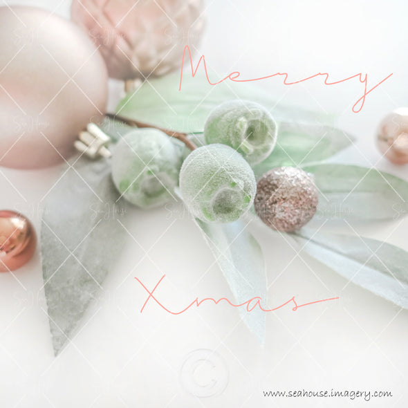WM Merry Xmas Gum Nuts Blush Text Greenery Blush Rose Gold Baubles 1370 Square Size