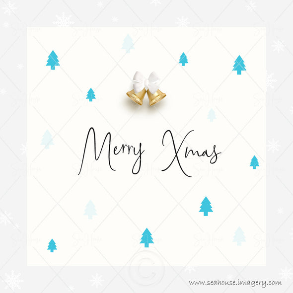 WM Merry Xmas Gold Bells White Snowflakes Blue Trees Black Text Square Size