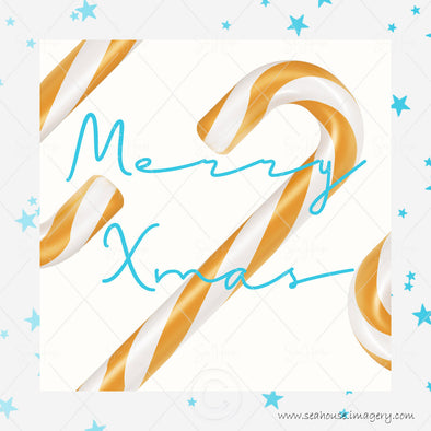 WM Merry Xmas Gold Candy Cane Blue Stars Blue Elegant Text Square Size