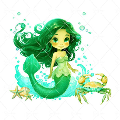 WM STOCK PHOTO Mermaid Watercolours Green Mermaid Crab Shells Starfish & Bubbles Square Size