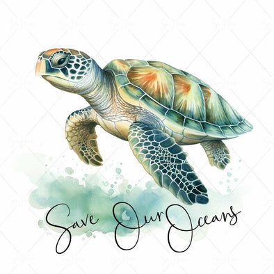 WM STOCK PHOTO Sea Life "Save Our Oceans" Watercolour Turtle 18 Square Size