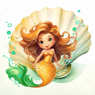 WM STOCK PHOTO Mermaid Watercolours Yellow Mermaid Large Shell & Bubbles Square Size