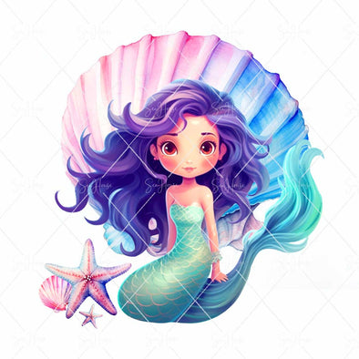 WM STOCK PHOTO Mermaid Watercolours Aqua Purple Mermaid Large Shell & Starfish Square Size