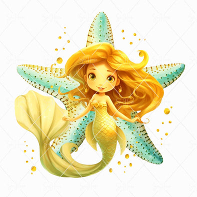 WM STOCK PHOTO Mermaid Watercolours Yellow Mermaid Large Starfish & Bubbles Square Size
