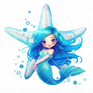 WM STOCK PHOTO Mermaid Watercolours Blue Mermaid Large Starfish & Bubbles Square Size