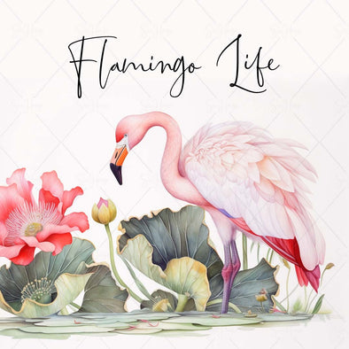 WM STOCK PHOTO Sea Life "Flamingo Life" Watercolour Flamingo in Lily Pads 13 Square Size