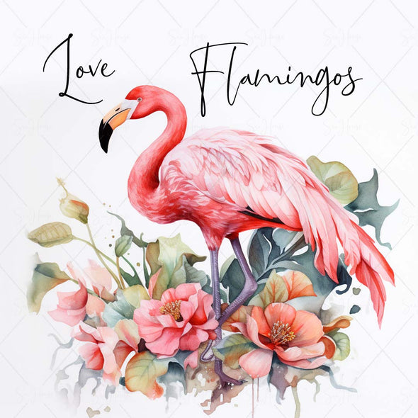 WM STOCK PHOTO Sea Life "Love Flamingos" Watercolour Flamingo Amongst Flowers 26 Square Size