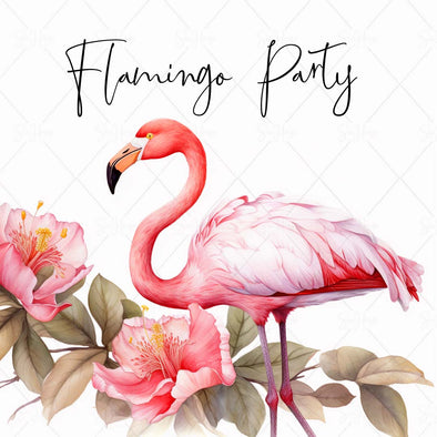 WM STOCK PHOTO Sea Life "Flamingo Party" Watercolour Flamingo in Flowers 4 Square Size