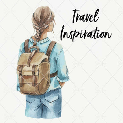 WM STOCK PHOTO Travel Watercolour "Travel Inspiration" Girl From Behind With Small Backpack Square Size