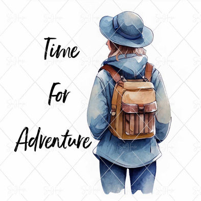 WM STOCK PHOTO Travel Watercolour "Time For Adventure" Girl From Behind With Small Backpack Square Size