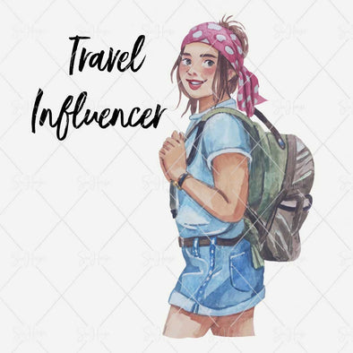 STOCK PHOTO Travel Watercolour "Travel Influencer" Girl Traveller Facing Sideways With Red & White Hair Scarf Square Size