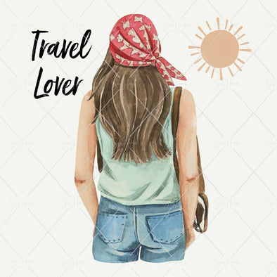 WM STOCK PHOTO Travel Watercolour "Travel Lover" Girl Traveller From Behind With Red Scarf in Hair Square Size