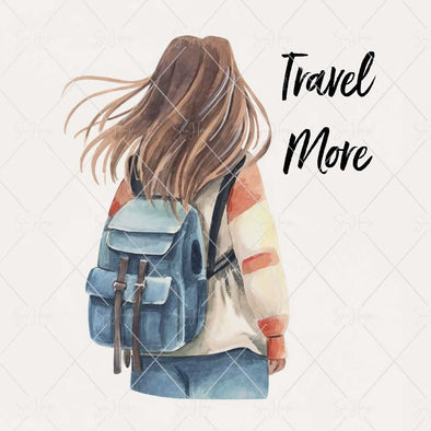 WM STOCK PHOTO Travel Watercolour "Travel More" Girl Traveller From Behind With Small Backpack Square Size