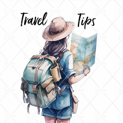 WM STOCK PHOTO Travel Watercolour "Travel Tips" Girl Traveller with Large Backpack & Reading a Map Square Size