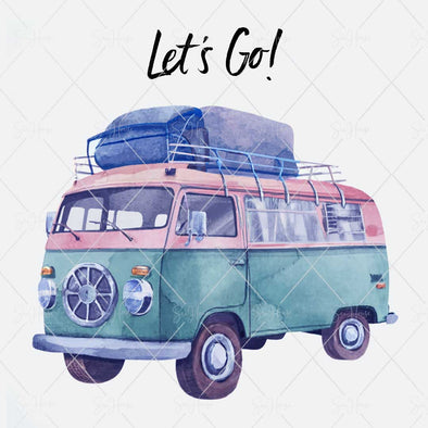 WM STOCK PHOTO Travel Watercolour "Let's Go" Kombi Loaded For Travelling Square Size