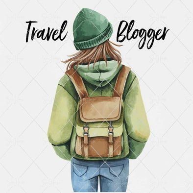 WM STOCK PHOTO Travel Watercolour "Travel Blogger" Girl in Winter Clothes With Small Backpack Square Size