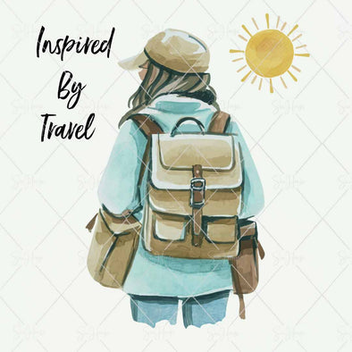 WM STOCK PHOTO Travel Watercolour "Inspired By Travel" Girl Traveller With Backpack & Sun Square Size