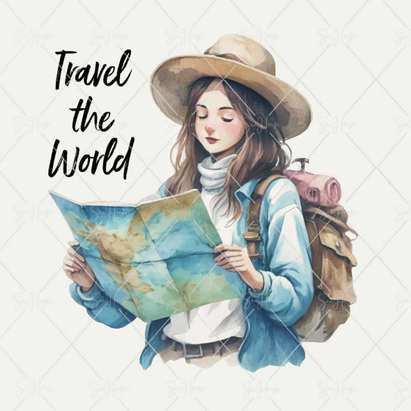 WM STOCK PHOTO Travel Watercolour "Travel The World" Girl Traveller Reading Brochure Square Size