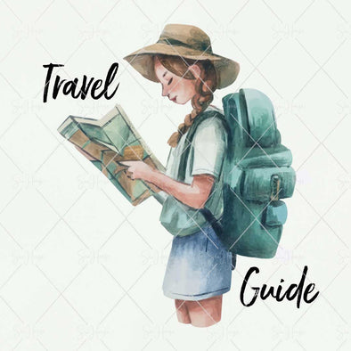WM STOCK PHOTO Travel Watercolour "Travel Guide" Girl Traveller Reading Brochure Square Size