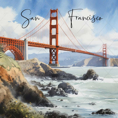 WM STOCK PHOTO Travel Watercolour "San Francisco" Golden Gate Bridge Square Size