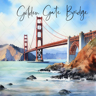 WM STOCK PHOTO Travel Watercolour "Golden Gate Bridge" San Francisco Square Size