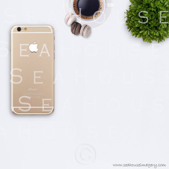 13 WM 13 Flatlay Phone Gold Back Left Side Expresso Coffee Smaller Macarons x3 Greenery Ball Square