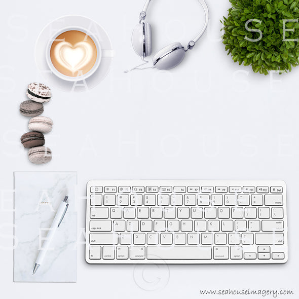 1 WM 4 Flatlay Keyboard Heart Coffee Macarons x 5 Greenery Notepad Pen Square