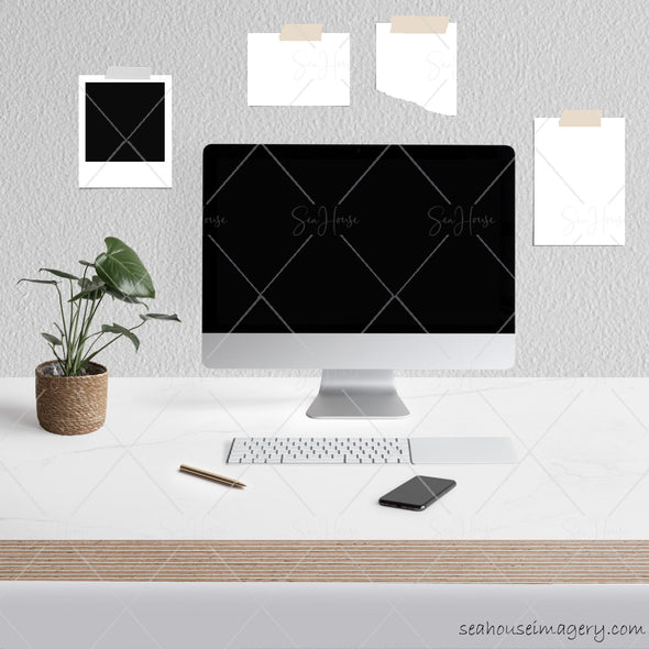 1 WM Working From Home Styled Desktop Photo Bundle  IMac Marble Desktop Cane Plant Phone Pen Wall Notes Square