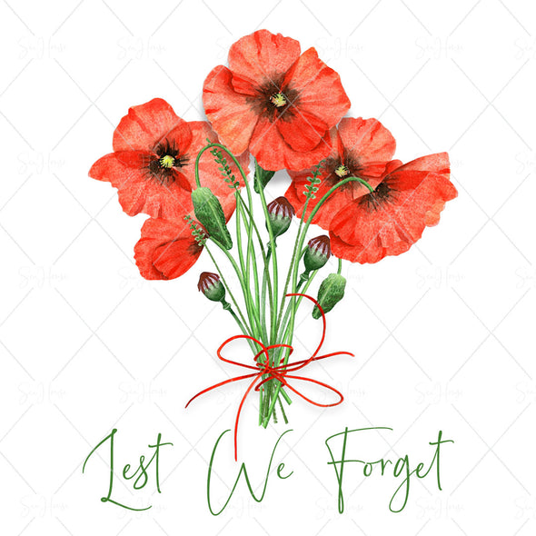 STOCK PHOTO Anzac Day Bouquet of Red Poppies Tied Ribbon Lest We Forget Square Size