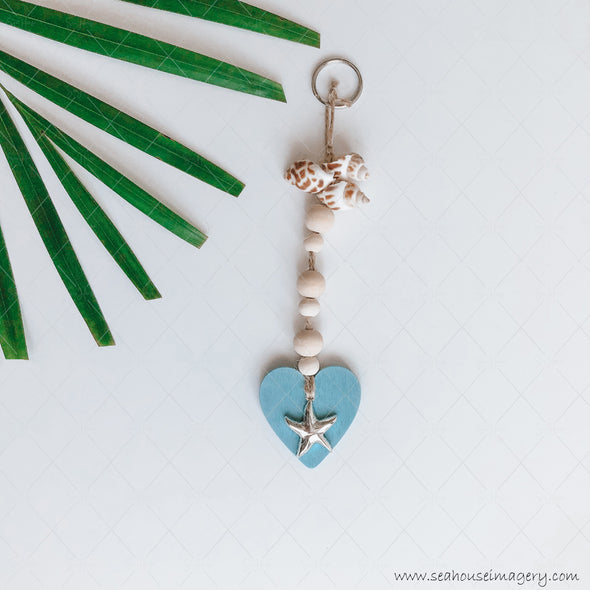Craft Hanging Creations 3188 Key Ring Blue Heart Silver Star Wooden Round Beads Shells 20cm