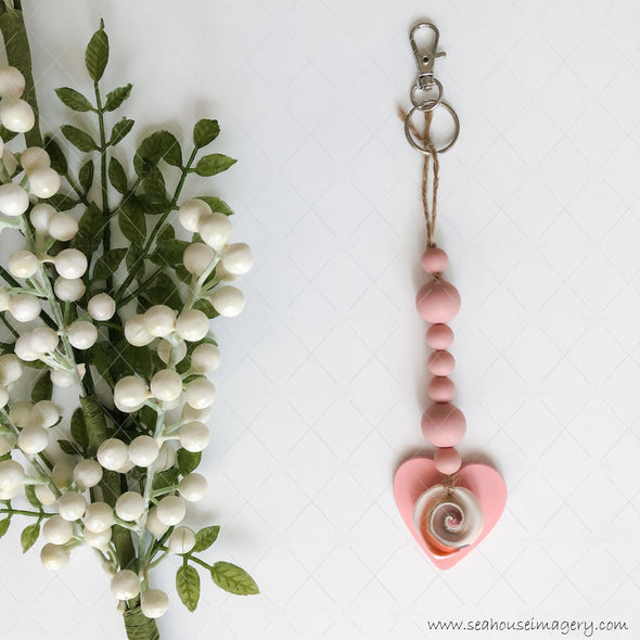 Craft Hanging Creations 3291 Baby Nursery Key Ring Pink Heart & Swirl Shell Pink Wooden Beads 20cm