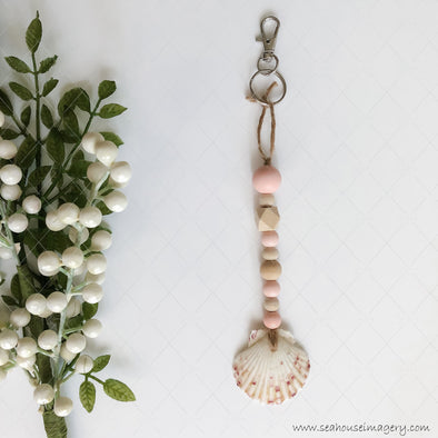 Craft Hanging Creations 3293 Baby Nursery Key Ring Scallop Shell Pink & Natural Wooden Beads 21cm