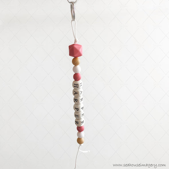 Craft Hanging Creations 3406 Names Key Ring "Harper" White Cord Natural Wooden Letters Crimson Mustard White Beads 25cm