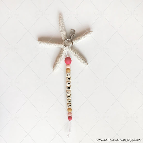 Craft Hanging Creations 3531 "Culburra" White Cord Natural Wooden Letters Crimson Pink Mustard White Beads 24.5cm