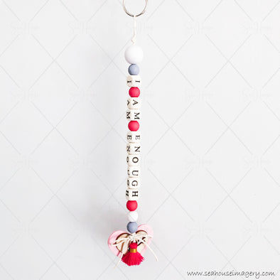 Craft Hanging Creations 3589 "I Am Enough" Natural Wooden Letters Pink & Wooden Hearts Crimson White Grey Beads Crimson Tassel 26.5cm