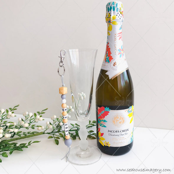 Craft Hanging Creations 3602 Date "8-3-2021" Wine & Glass Celebrate Weddings, Anniversaries, Engagements, Birthdays, Mustard, White Grey Beads Grey Cord 24cm