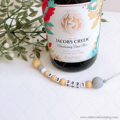 Craft Hanging Creations 3608 Date "8-3-2021" Wine & Glass Celebrate Weddings, Anniversaries, Engagements, Birthdays, Mustard, White Grey Beads Grey Cord 24cm