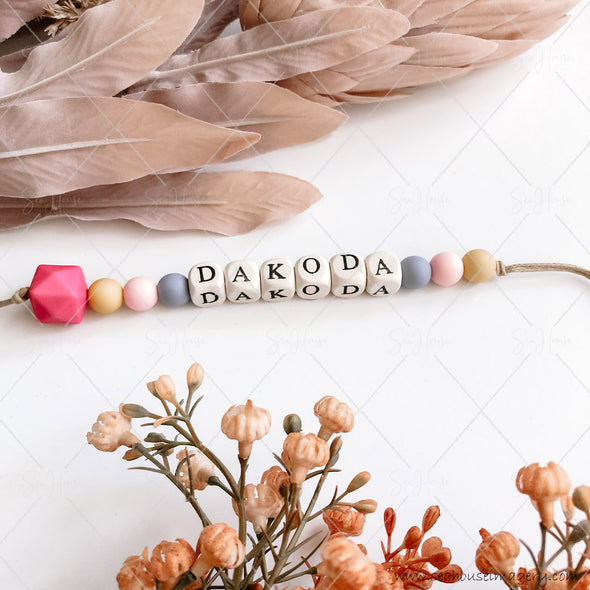 Craft Hanging Creations 3618 Names Key Ring "Dakoda" Natural Cord Natural Wooden Letters Crimson Mustard Pink Grey Beads 23cm